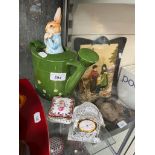 A mixed lot of collectables including Waterford crystal clock, Beatrix Potter Peter Rabbit figure,