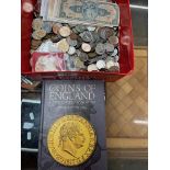 A tub of gb, world coins, banknotes and a Spink 2017 coin book etc.