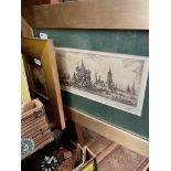 20th Century Russian, two monochrome etchings depicting St Basils Cathedral, Red Square Moscow,