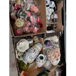 4 boxes of mixed ceramics and glass to include carnival glass, a pair of matching vases, a box of