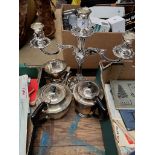 A plated candelabra and plated tea set.