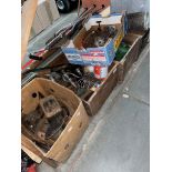 Four wooden crates, two boxes of various items including shove lasts, 14lb weight, metal ware,