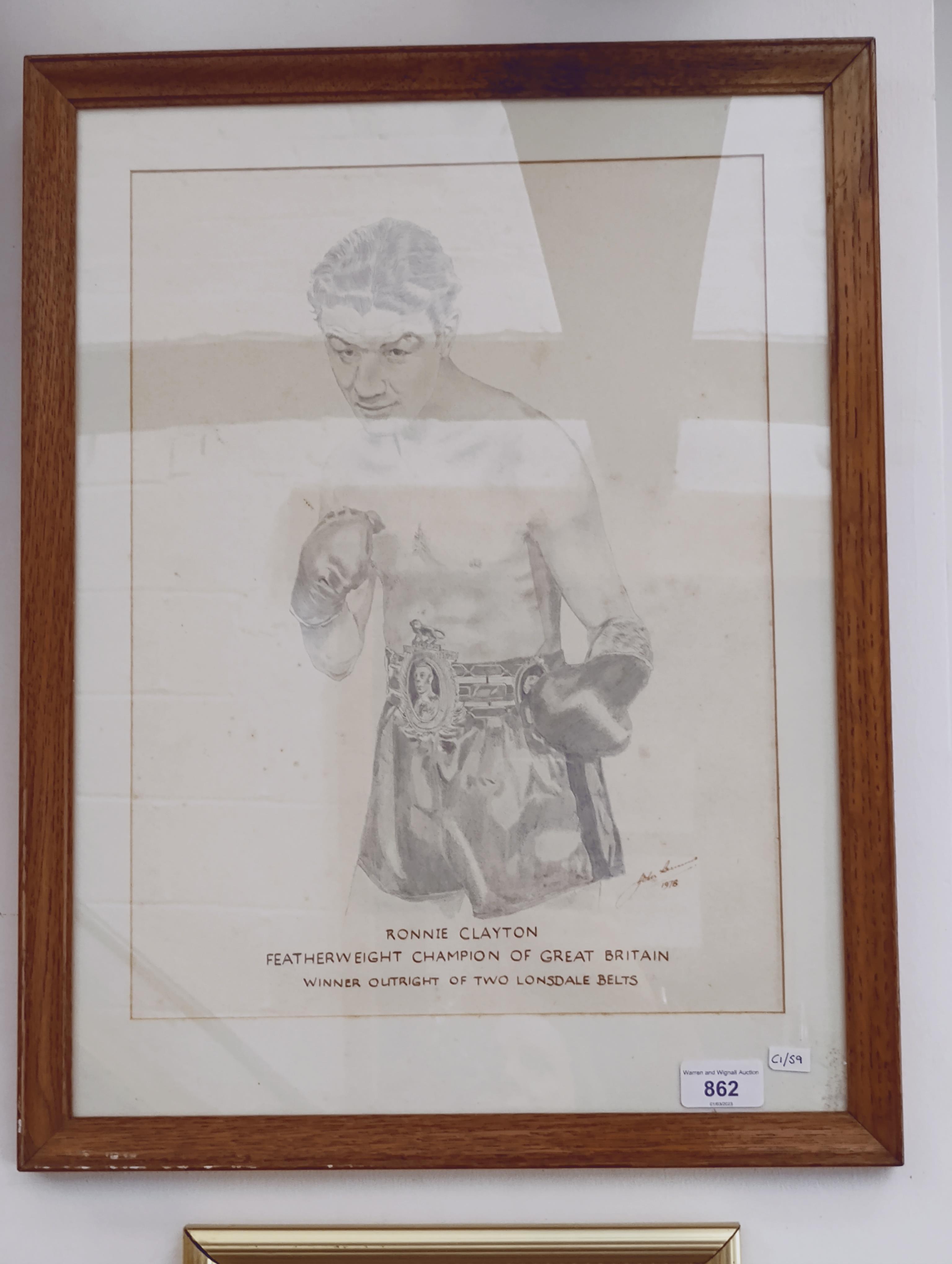 John Burrows, pencil drawing of boxer Ronnie Clayton, signed and dated 1978, framed and glazed, 41cm