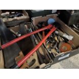2 boxes of vintage tools to include large bolt cutters, saws, bench press, hand drills, spirit