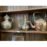 A copper kettle, engraved copper dish of the Lake District, a brass/copper Eastern pitcher and 2