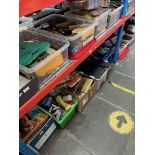 9 boxes of various tools to include decorator's tools and products, glue, rope, cables, hardware,