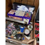 A box and a tin of collectables to include various badges, a silver plated pin cushion, coins, etc.