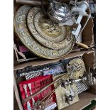 2 boxes of metalware to include brass, plated ware, cutlery sets, etc.