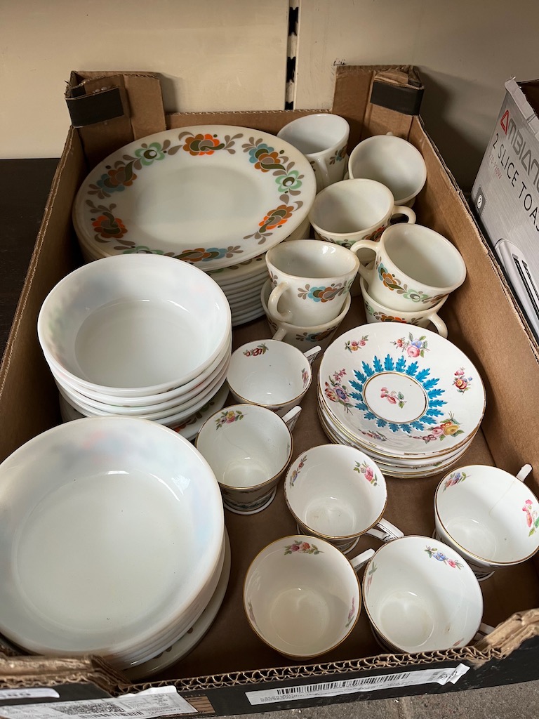 A box of Pyrex style dinner ware and a Coalport Salopian set of 6 cups and 6 saucers