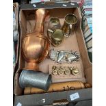 A box of Metalware comprising a set of Imperial weights, Copper Flagon, plated and Pewter ware etc