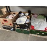 6 boxes of mixed glassware, blue and white china, tea-ware, RAF bowl, etc.