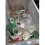 A box of mostly glassware including coloured glass, cut glass, paperweights etc