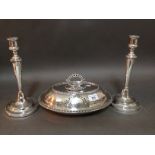 A pair of old Sheffield silver plated candlesticks together with a silver plated entrée dish with