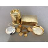 A brass engraved cigarette tub with ashtray top together with an engraved brass box, a small brass