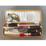 A mixed lot of metalware including silver handled knives, an antique vesta case in shape of a