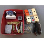 A box of miscellaneous collectables to include penknives, Masonic ware, 3 Harrington Grenadier