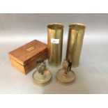 Two WW1 brass shell cases, trench art, engraved and marked 1914-1919 Souvenir of the Great World