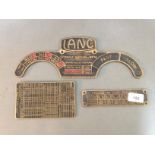 Three vintage brass plaques to include a Lanc driving pulley plaque, a John Lang & Sons Ltd brass