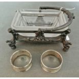 Two hallmarked silver serviette rings together with an Ashberry & Sons pewter salt with swing handle