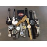 A collection of watches to include Seiko quartz, Casio, Rotary, etc together with a Zippo Harley