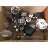 A selection of silver plated items and cut glass to include pepper and salt pots, kiddish cup,