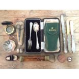 A collection of silver and collectables to include a cased set of two hallmarked silver spoon and