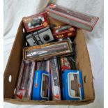A box of assorted 00 gauge model railway items to include boxed rolling stock (Lima,Airfix,