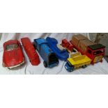 A group of large vintage toys to include horn sound making train & boat, 2 x Tri-ang trucks and a