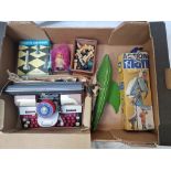 A box of vintage toys to include a plastic chessmen set, wooden chess set, a wooden Star yacht,