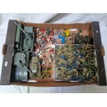 A collection of various toy soldiers and vehichles, mostly WWII including Airfix figures and and