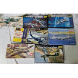 A box of seven assorted aeroplane model kits to include Airfix, Heller & Revell etc.