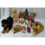 A collection of mainly Steiff toys to include large Fuzzy fox, large dog, 2 hedgehogs, rhino,