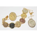 Victorian yellow metal lava cameo jewellery comprising a bracelet, length 15.5cm, a pendant on chain