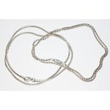Two white metal chains, lengths 40cm & 44cm, both marked '750', wt. 16.8g.