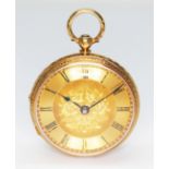 A Victorian ladies 18ct gold open face pocket watch, engraved gilt dial with Roman numerals,