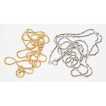 Two fine chains, marked '750', length approx. 54cm each, wt. 7.7g.