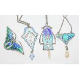 Edwardian enamel jewellery comprising a Charles Horner silver butterfly brooch, length 40mm, two