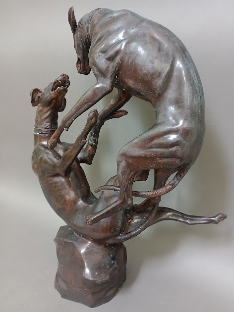 After Antoine-Louis Barye (French 1796-1875), bronze study of two dogs fighting, signed