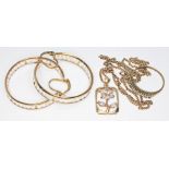 A mixed lot of 9ct gold comprising a pair of earrings, a ring and a pendant on chain, various marks,