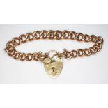 A hallmarked 9ct gold link bracelet with heart shaped padlock clasp, length 16cm, wt. 37.5g.
