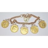 A hallmarked 9ct gold bracelet with padlock clasp and mounted with four half sovereigns; 1907, 1908,