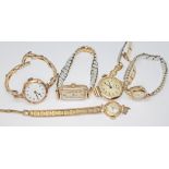 Five hallmarked 9ct gold watches comprising one with strap marked '9ct' wt. 16.8g, another with