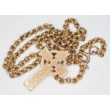 A hallmarked 9ct gold Celtic style cross pendant, length 36mm, on 44cm chain marked '9k', gross