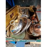 A box of metalware including copper, plated ware, brass etc