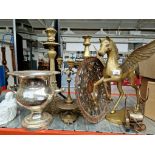 A collection of metalware to include brass Pegasus, Stephensons Rocket, 2 brass candlesticks, copper