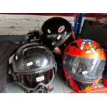 Five crash helmets - Shark Evoline series 3; Shark S700 Naka; another Shark helmet; Bell helmet;