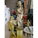 A classical style stoneware garden statue, Lady Pandora, on plinth base, height 187cm.