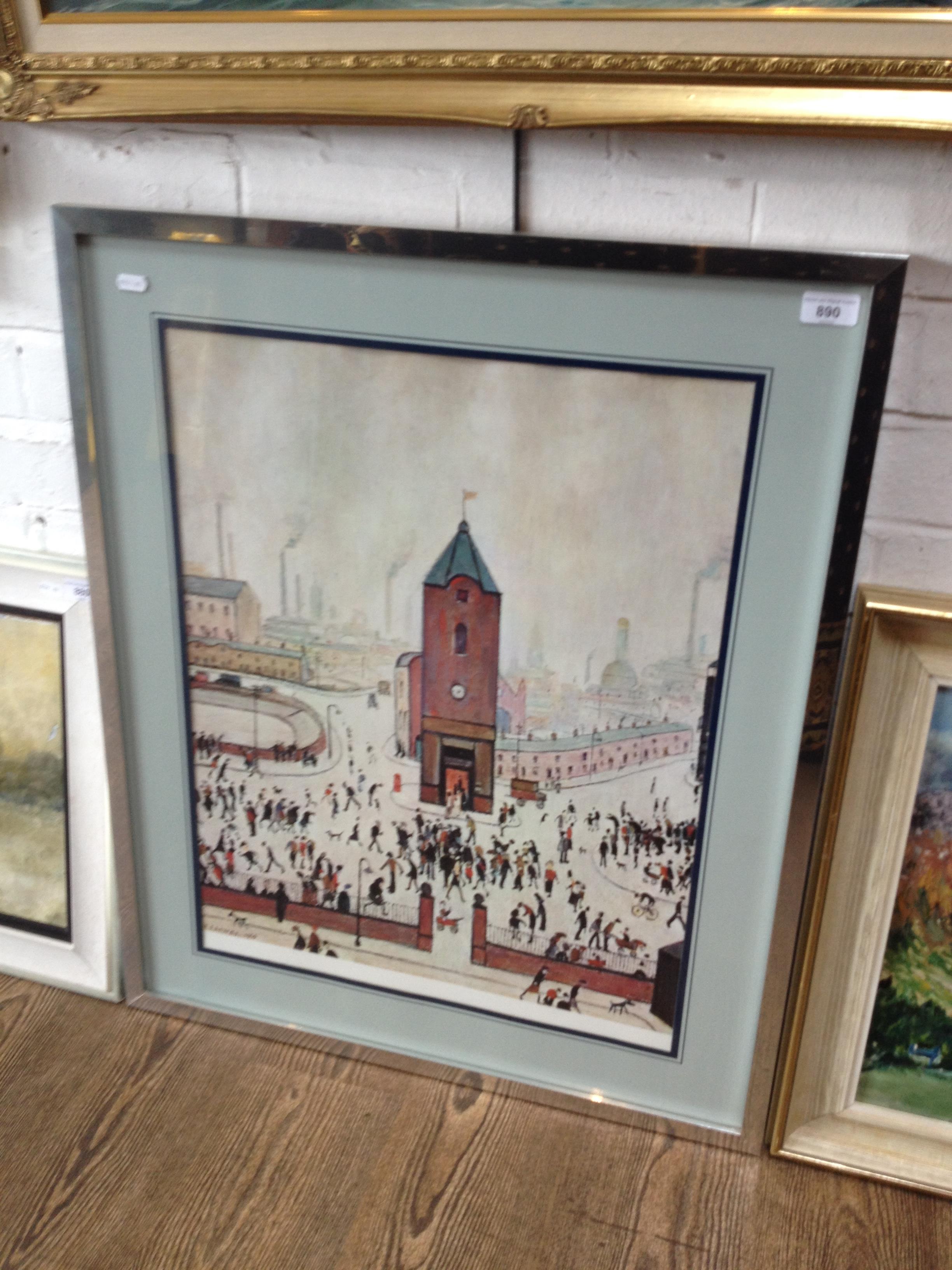 After L.S. Lowry, 'Town Centre', colour print, 48cm x 60cm, unsigned, glazed and framed 67cm x 81cm.