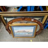 A collection of pictures and prints including Watercolour signed Valerie Petts, an oak framed oval