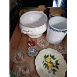 A box of pottery and glass including Spode twin handled bowl, cranberry glass bottle, blue and white